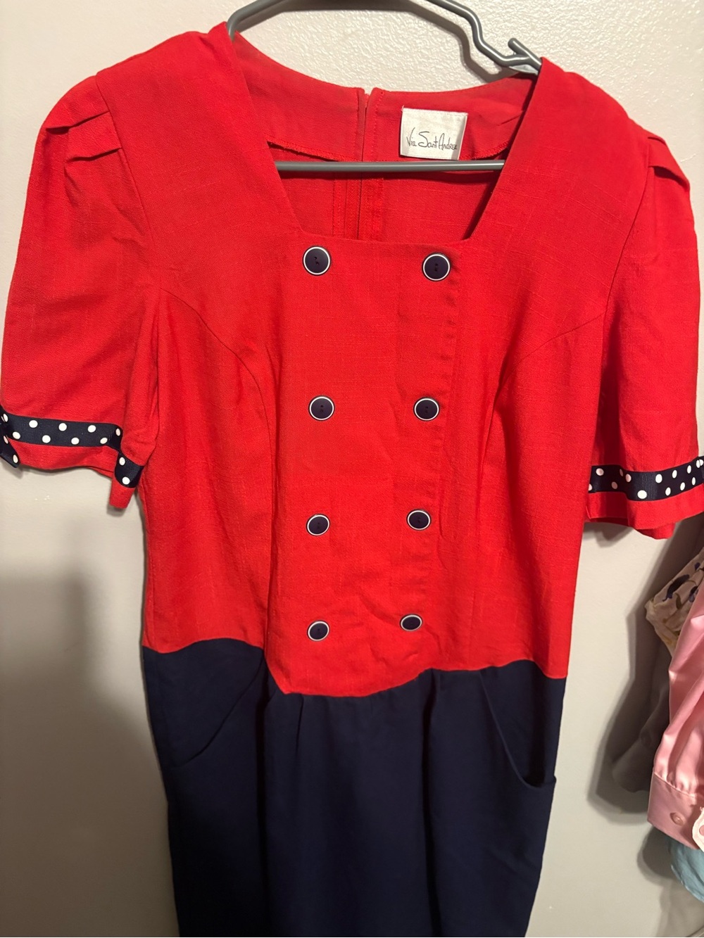 Vintage-Inspired Red and Navy Midi Dress with Polka Dot Trim